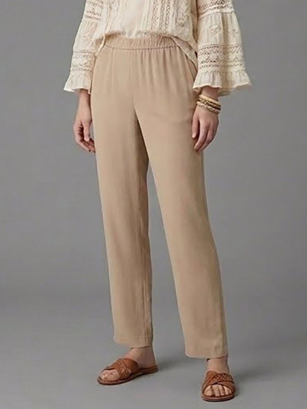 NWT Eileen Fisher Silk Georgette Crepe Straight Pants Medium Beechwood Beige